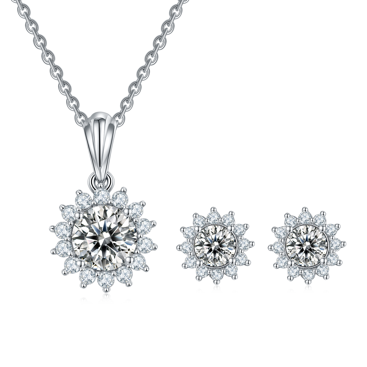 Sunflower S925 Silver Plated Platinum Moissanite Diamond Pendant Earnail Set